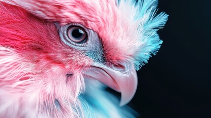 Fototapeta premium A close-up of a striking pink bird with delicate feathers set against a dramatic black background, exuding elegance and sophistication in its soft, colorful detail.
