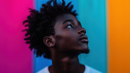 A young man with a thoughtful expression gazes upwards, set against a vibrant, colorful background, evoking a sense of aspiration and creativity.