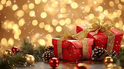 gold christmas and new year background - red gift boxes and pine cones and branches on the background of bokeh garlands,