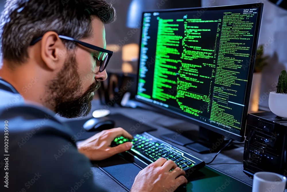 Poster A hyper-detailed shot of an ethical hacker typing, with intricate reflections of glowing green code on the screen and precise details of the keyboard and setup