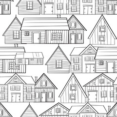 Seamless pattern village. A diverse set of house icons showcasing different architectural styles and structures. Black and white doodle buildings. Outline monochrome