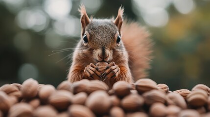 A focused squirrel enjoys a meal of nuts, surrounded by earthy textures and natural beauty, embodying the abundance and simplicity found in the forest.