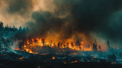 A dramatic image of wildfires engulfing a landscape, with charred trees and smoke-filled skies, leaving copy space