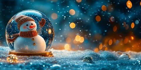 Obraz premium A cheerful snowman in a cozy knit hat waves from inside a festive snow globe, surrounded by sparkling bokeh lights in a winter wonderland.
