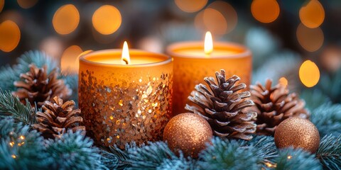 Warm, glowing candles with pine cones and festive ornaments create a cozy and festive holiday ambiance.