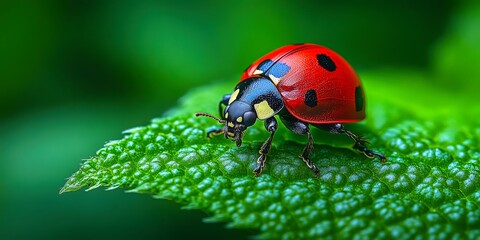 Fototapeta premium Close-up of a brightly colored ladybug with black spots perched on a vibrant green leaf against a blurred green background.