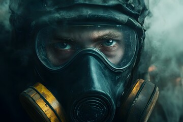 Close-up of a man wearing a gas mask, staring intensely.