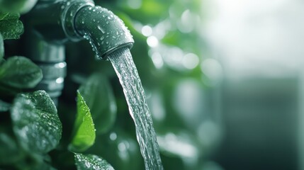 An outdoor tap releases sparkling water over lush green foliage, reflecting the harmonious relationship between man-made structures and the nourishing environment around us.