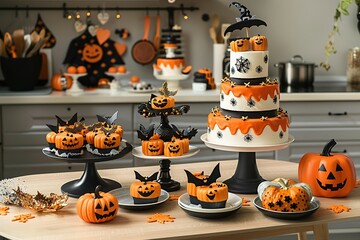 Table set with Halloween-themed treats and decorations