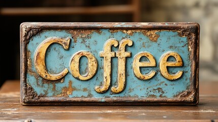 A vintage-inspired, rustic coffee signboard with weathered paint and distressed edges, evoking a nostalgic and classic cafe ambiance