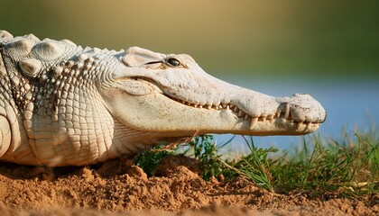 Fototapeta premium A close-up of a crocodile’s snout breaking through turf, dirt clinging to its rough skin. Th 