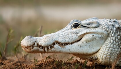 Fototapeta premium A close-up of a crocodile’s snout breaking through turf, dirt clinging to its rough skin. Th 