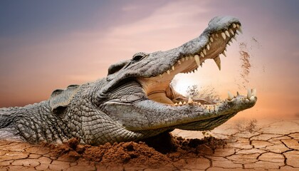 Obraz premium A fierce crocodile’s head breaking through a cracked, dry patch of earth, with bits of turf 