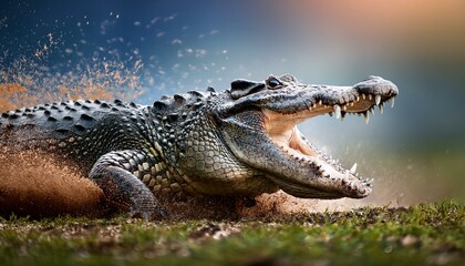 Obraz premium A mid-action shot of a crocodile snapping its jaws as it breaks through the turf, grass, and 