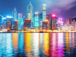Naklejka premium Stunning skyline of a vibrant city at night, illuminated buildings reflect on the water creating a colorful and lively atmosphere.