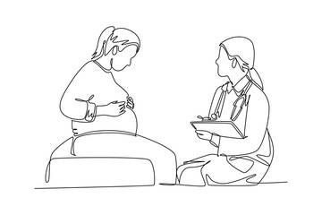 Single continuous line drawing female obstetrics and gynecology doctor giving consultation session to pregnant patient. Pregnancy health care concept. One line draw graphic design vector illustration