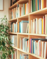 Cozy home office corner with colorful bookshelves and natural daylight for remote work