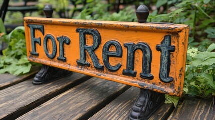 Brightly colored, vintage-style For Rent sign placed on a rustic wooden bench in a lush and green outdoor setting, evoking a sense of charm and invitation