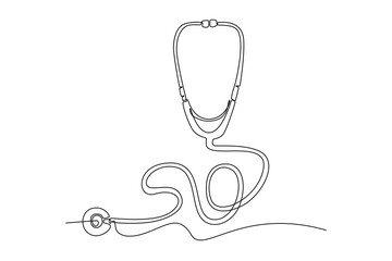 Single continuous line drawing stethoscope icon for hospital doctor equipment. Examine heart pulse patient. Medicine and medical healthy logo. Dynamic one line draw graphic design vector illustration