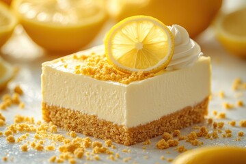 indulge in our rich lemon cheesecake topped with graham cracker crumbs a delicious blend of sweet and tangy flavors
