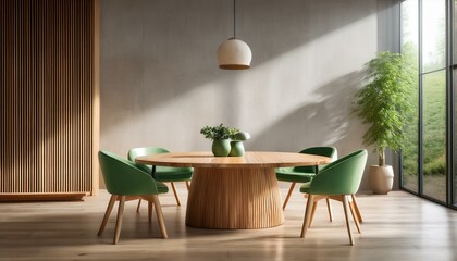 Fototapeta premium A round wooden dining table with four green chairs in a clean and uncluttered dining room,