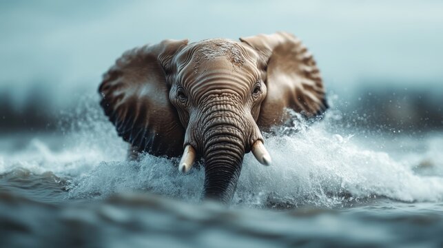 A striking image features an elephant charging through ocean waves with strength and determination, capturing a powerful scene in vivid nature setting.