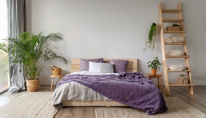 Fototapeta premium A Scandinavian-inspired modern bedroom with a wooden bed wrapped in plush purple blankets, a 