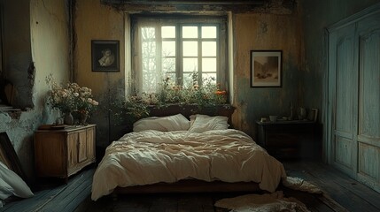 Rustic Bedroom Interior Design with Vintage Furniture and Flowers