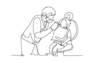 Single one line drawing smart male dentist examine and pull little boy tooth out at dental clinic. Teeth treatment health care service concept. Continuous line draw design graphic vector illustration