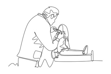 Single one line drawing smart male dentist examining little girl teeth condition at dental clinic. Medical health care service workers concept. Continuous line draw design graphic vector illustration
