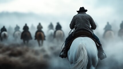 A cowboy leads a group of riders through a foggy landscape, blending adventure and mystery as they journey on horseback into the mist of the unknown.