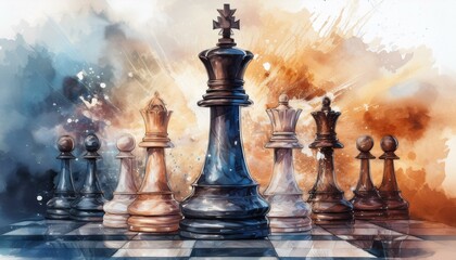 A watercolor chessboard with a close-up focus on an elegant white queen and black king, soft 