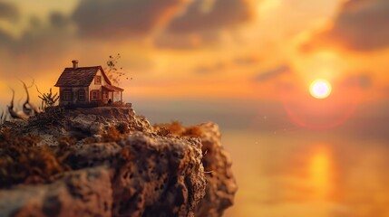 At the tip of a cliff amid a lovely sunset are old the gear and mud toy homes