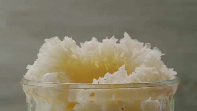 Tremella fermented salted Jamur salju or snow fungus, white colored fungi for food and medicine, popular in China and also Chinese cuisine. 