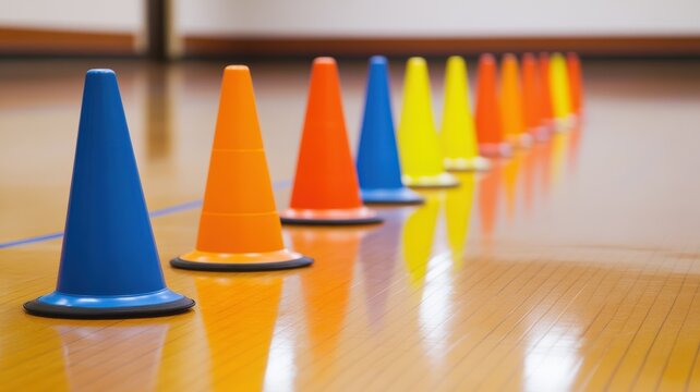 Colorful traffic cones lined up on a wooden floor, ideal for sports, training, or obstacle courses.