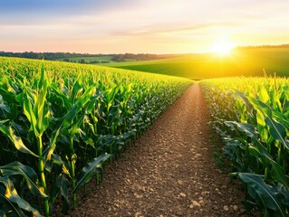 A serene sunset over a lush cornfield, showcasing vibrant green crops and a winding dirt path inviting exploration. - Powered by Adobe