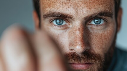 Fototapeta premium A close-up image of a man with freckles and a beard, focusing intently with his blue eyes, creating an intriguing and intense visual impression.