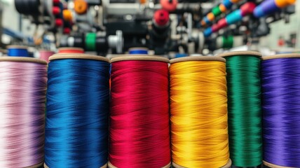 A vibrant collection of colorful sewing threads arranged in spools, perfect for crafting and textile projects.