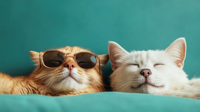An orange cat wearing stylish sunglasses relaxes with a serene white cat on a teal background, exuding a sense of calm and friendship in a playful moment.