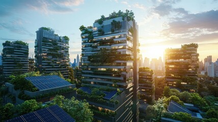 Obraz premium Urban skyscrapers enveloped in dense greenery, showcasing sustainable architecture with a focus on nature integration and environmental design.
