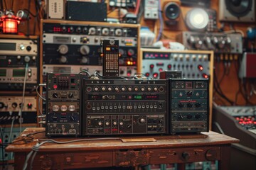 Fototapeta premium A detailed shot of a vintage, well-equipped music recording and production studio with various analog equipment and audio gear, showcasing a nostalgic vibe