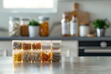 Supplements and vitamins organized in a daily pill planner