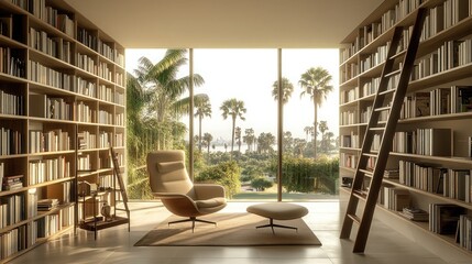 A sophisticated home library setting with custom Scandinavian shelving reaching the ceiling