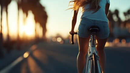 Naklejka premium A cyclist rides a bike along a road lined with palm trees, captured in the glow of sunset, symbolizing a serene blend of focus, journey, and tranquility.