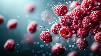 Vibrant close-up of fresh raspberries suspended in mid-air with sparkling water droplets creating an appetizing and refreshing visual appeal.