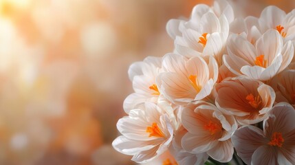 Fototapeta premium A delicate cluster of white crocus flowers with subtle orange stamens presented against a gentle, warm, and dreamy blurred background evoking tranquility.