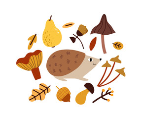 Autumn composition with hand-drawn pears, mushrooms and hedgehog. Autumn, mushrooms, leaves. Vector illustration in flat style.