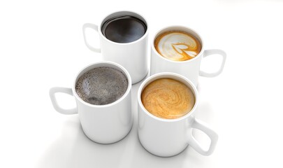 Different coffee drinks assorted isolated on white background.  Various hot beverages drinks. Coffee set collection. Mocha, hot chocolate, tea, black coffee, cappuccino.