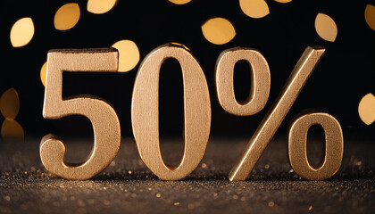 Golden number 50% OFF on black backdrop, bokeh lights. For promoting discounts, shopping events