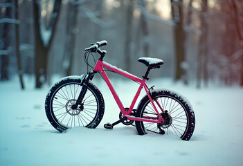 Pink Bicycle Adventure Winter Sport on Mountain Trail Through the Snow Forest